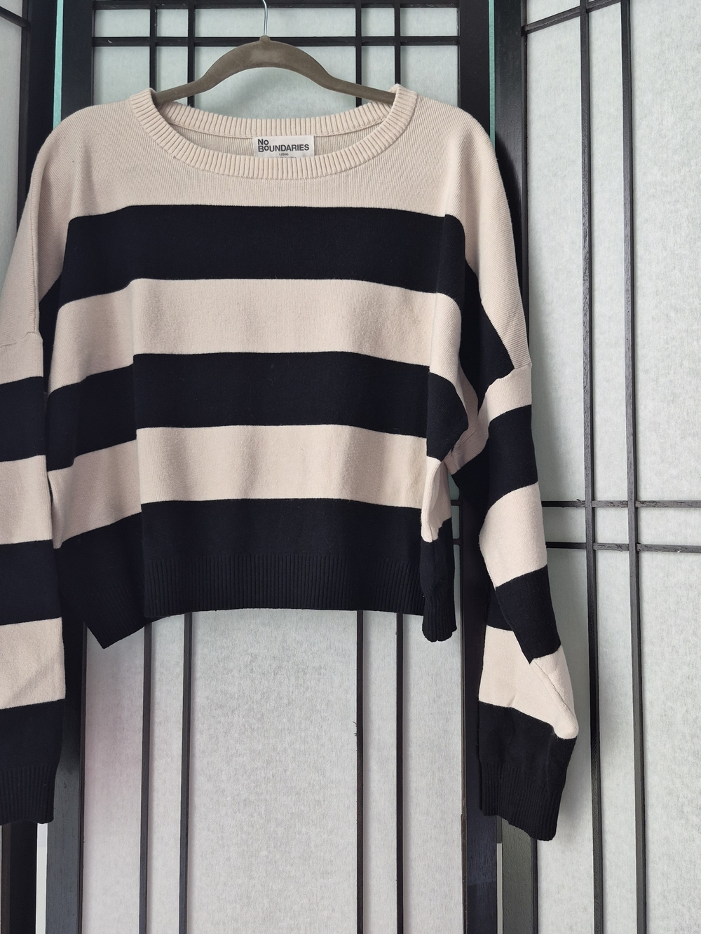 No Boundaries Women's Black and Cream Striped Pullover Sweater - Picture 1 of 6